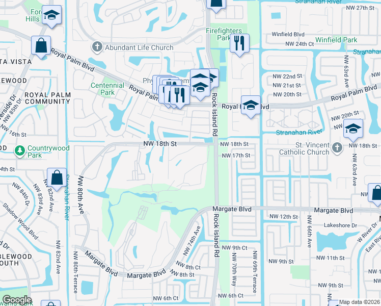 map of restaurants, bars, coffee shops, grocery stores, and more near 202 Northwest 18th Street in Margate
