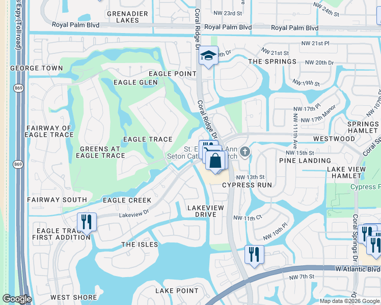 map of restaurants, bars, coffee shops, grocery stores, and more near 11811 Highland Place in Coral Springs