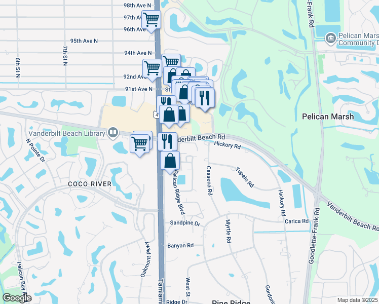 map of restaurants, bars, coffee shops, grocery stores, and more near 883 Cassena Road in Naples