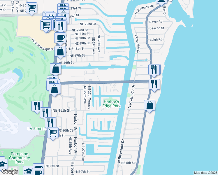 map of restaurants, bars, coffee shops, grocery stores, and more near 2850 Northeast 14th Street Causeway in Pompano Beach