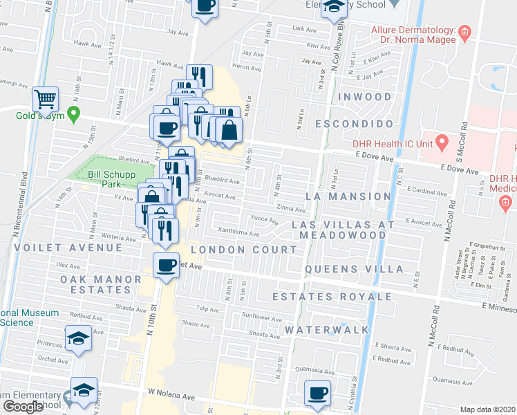map of restaurants, bars, coffee shops, grocery stores, and more near 413 Zinnia Avenue in McAllen