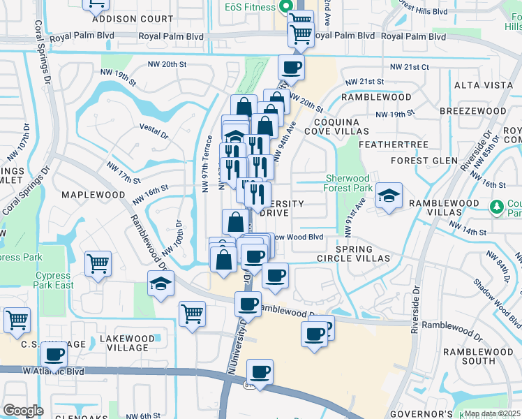 map of restaurants, bars, coffee shops, grocery stores, and more near 1515 North University Drive in Coral Springs