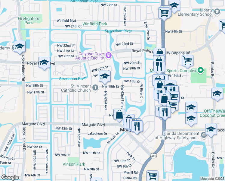 map of restaurants, bars, coffee shops, grocery stores, and more near 1800 Northwest 63rd Avenue in Margate