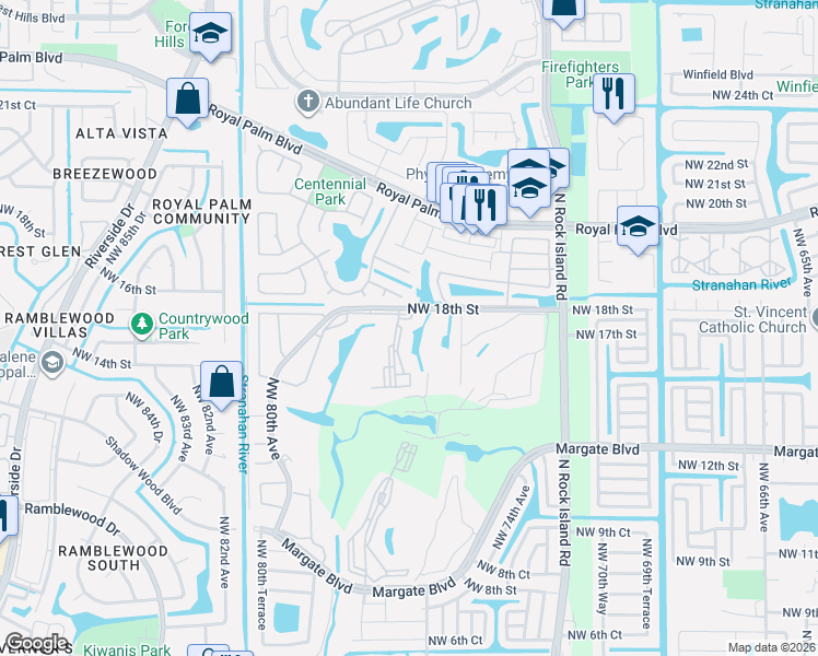 map of restaurants, bars, coffee shops, grocery stores, and more near 7608 Northwest 18th Street in Margate