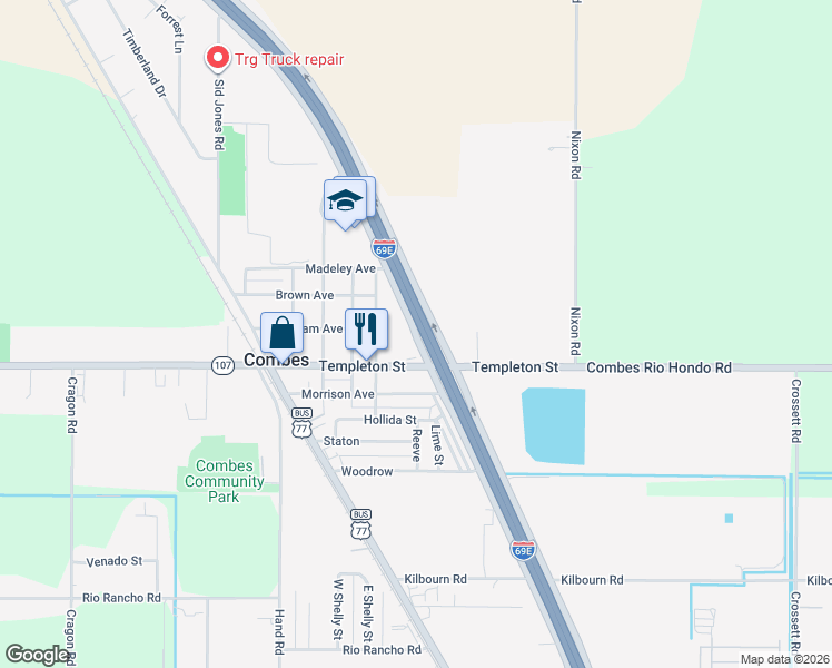 map of restaurants, bars, coffee shops, grocery stores, and more near U.S. 77 Frontage Rd in San Benito