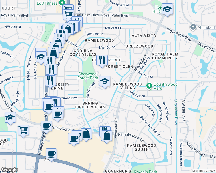 map of restaurants, bars, coffee shops, grocery stores, and more near 1499 Northwest 91st Avenue in Coral Springs