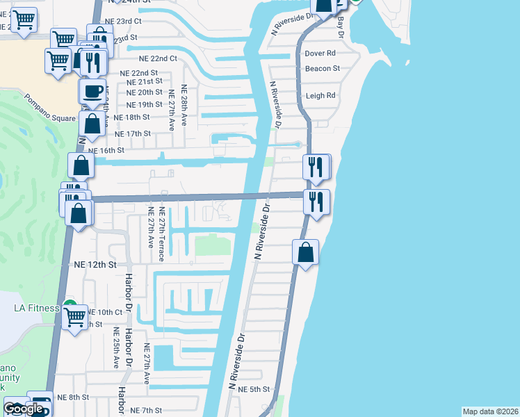 map of restaurants, bars, coffee shops, grocery stores, and more near 17 North Riverside Drive in Pompano Beach