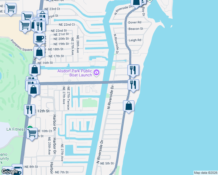 map of restaurants, bars, coffee shops, grocery stores, and more near 17 North Riverside Drive in Pompano Beach