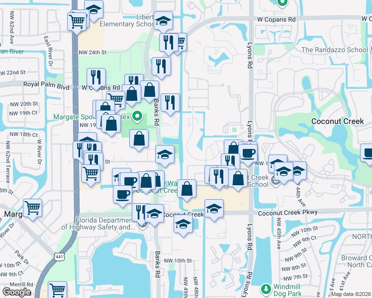 map of restaurants, bars, coffee shops, grocery stores, and more near 1700 Hammock Boulevard in Coconut Creek