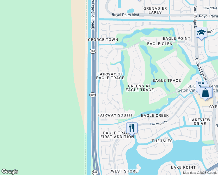 map of restaurants, bars, coffee shops, grocery stores, and more near 1716 Eagle Trace Boulevard West in Coral Springs