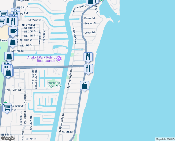 map of restaurants, bars, coffee shops, grocery stores, and more near 1313 North Ocean Boulevard in Pompano Beach