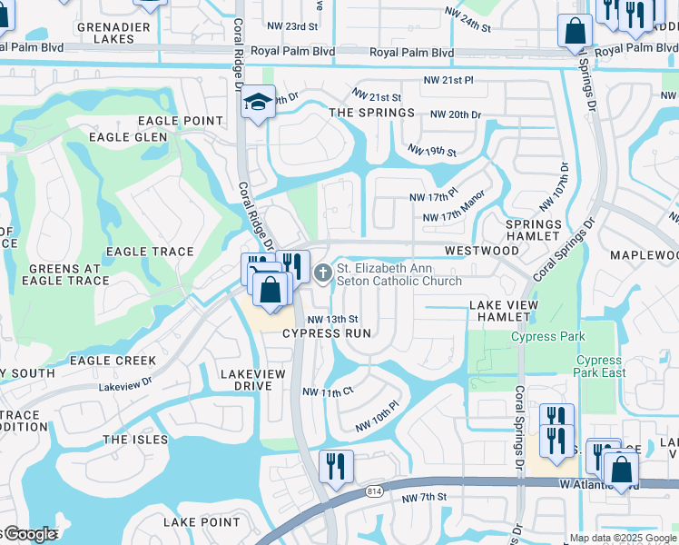 map of restaurants, bars, coffee shops, grocery stores, and more near 1519 Northwest 112th Way in Coral Springs