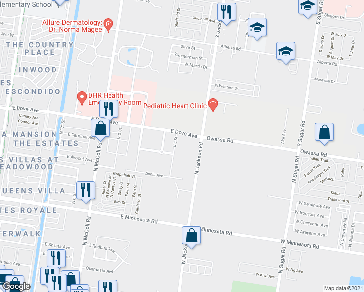 map of restaurants, bars, coffee shops, grocery stores, and more near 1300 North L Street in McAllen