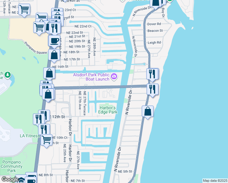 map of restaurants, bars, coffee shops, grocery stores, and more near 2900 Northeast 14th Street in Pompano Beach