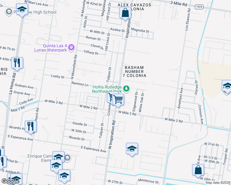 map of restaurants, bars, coffee shops, grocery stores, and more near 3403 North Inspiration Road in Mission