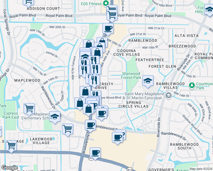 map of restaurants, bars, coffee shops, grocery stores, and more near 1550 Northwest 93rd Terrace in Coral Springs