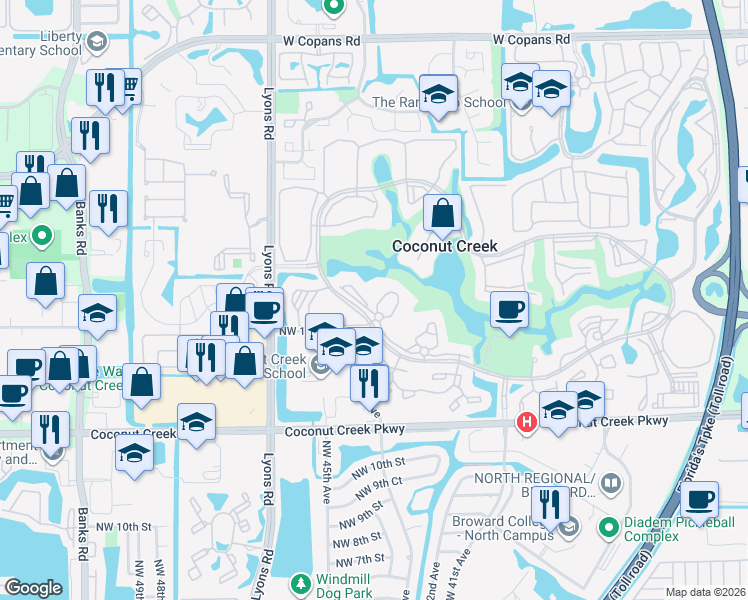 map of restaurants, bars, coffee shops, grocery stores, and more near 2904 Victoria Place in Coconut Creek