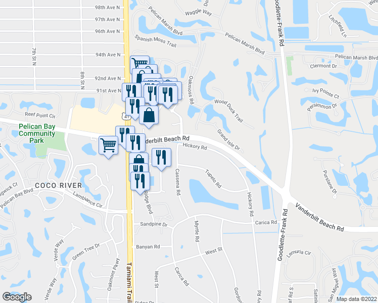 map of restaurants, bars, coffee shops, grocery stores, and more near 100 Hickory Road in Naples