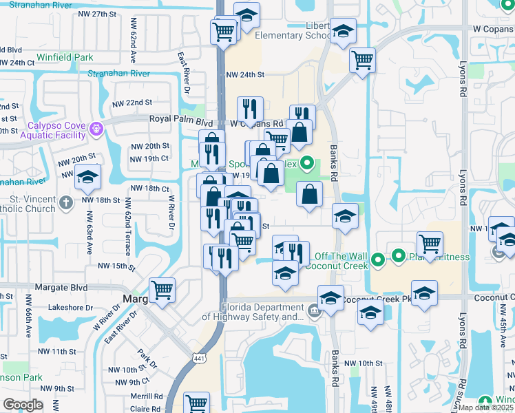 map of restaurants, bars, coffee shops, grocery stores, and more near 5500 Northwest 15th Street in Margate