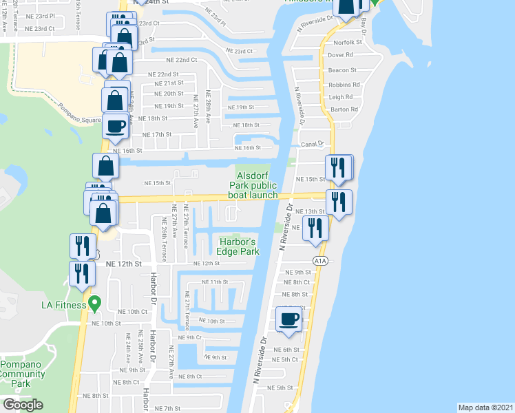 map of restaurants, bars, coffee shops, grocery stores, and more near 2900 Northeast 14th Street in Pompano Beach