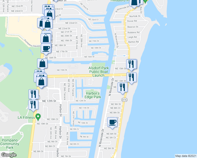 map of restaurants, bars, coffee shops, grocery stores, and more near 2900 Northeast 14th Street in Pompano Beach