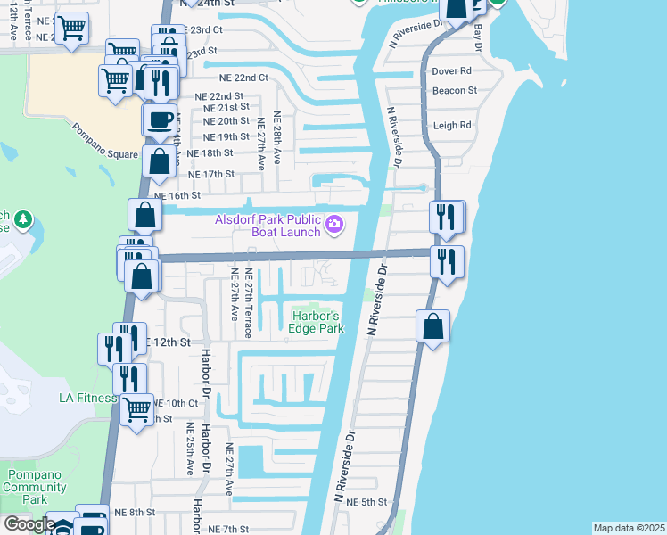 map of restaurants, bars, coffee shops, grocery stores, and more near 2900 Northeast 14th Street in Pompano Beach