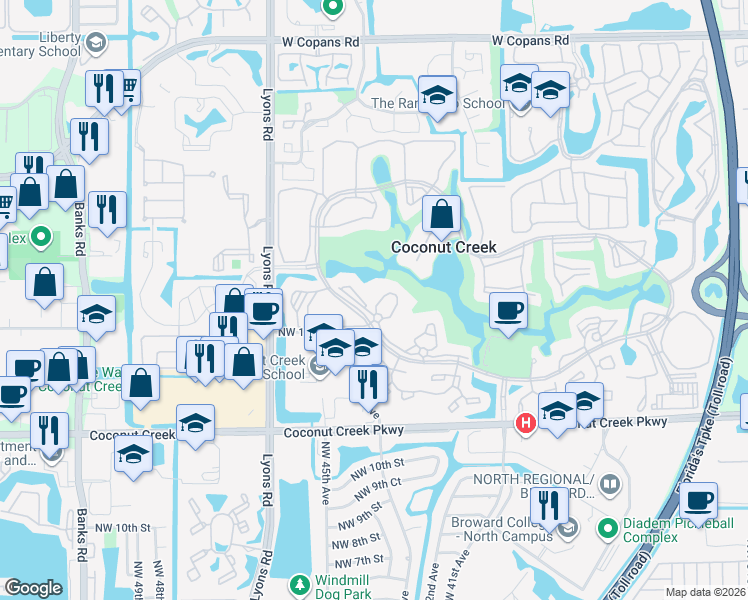 map of restaurants, bars, coffee shops, grocery stores, and more near 2904 Victoria Place in Coconut Creek