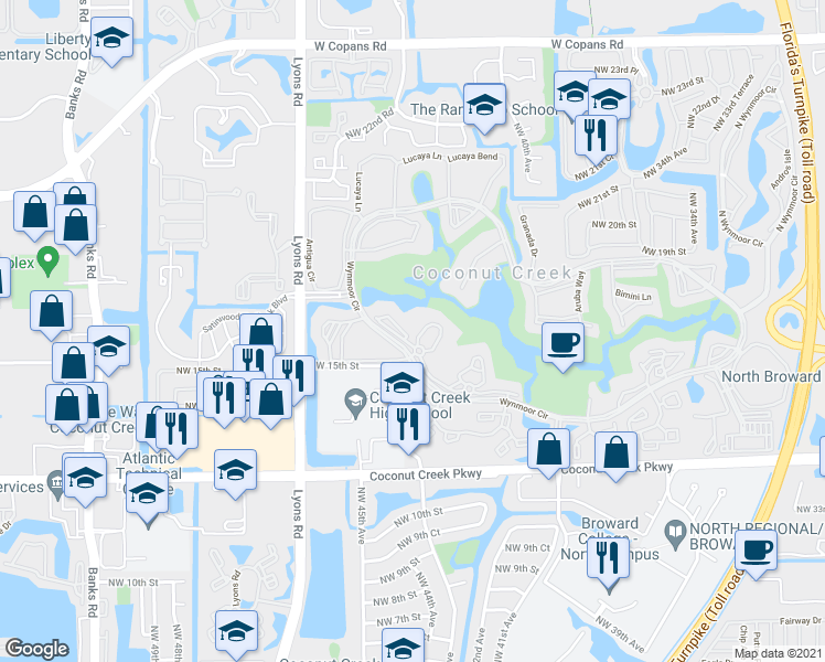 map of restaurants, bars, coffee shops, grocery stores, and more near 2904 Victoria Place in Coconut Creek