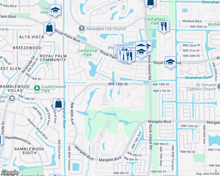 map of restaurants, bars, coffee shops, grocery stores, and more near 7608 Northwest 18th Street in Margate