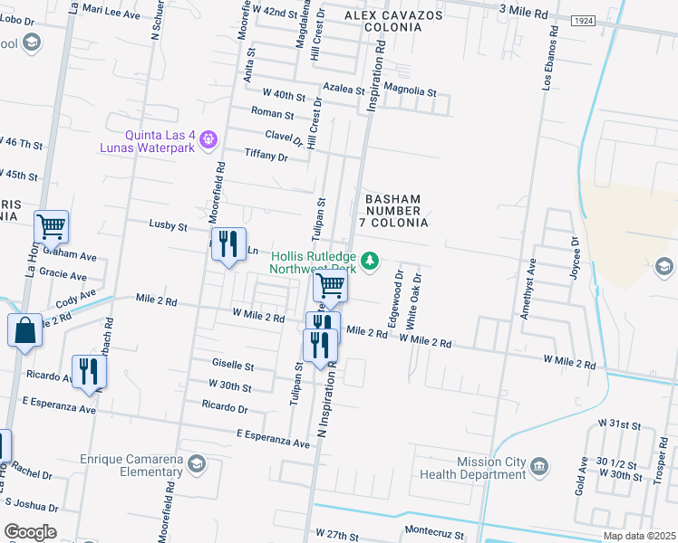 map of restaurants, bars, coffee shops, grocery stores, and more near 3403 North Inspiration Road in Mission