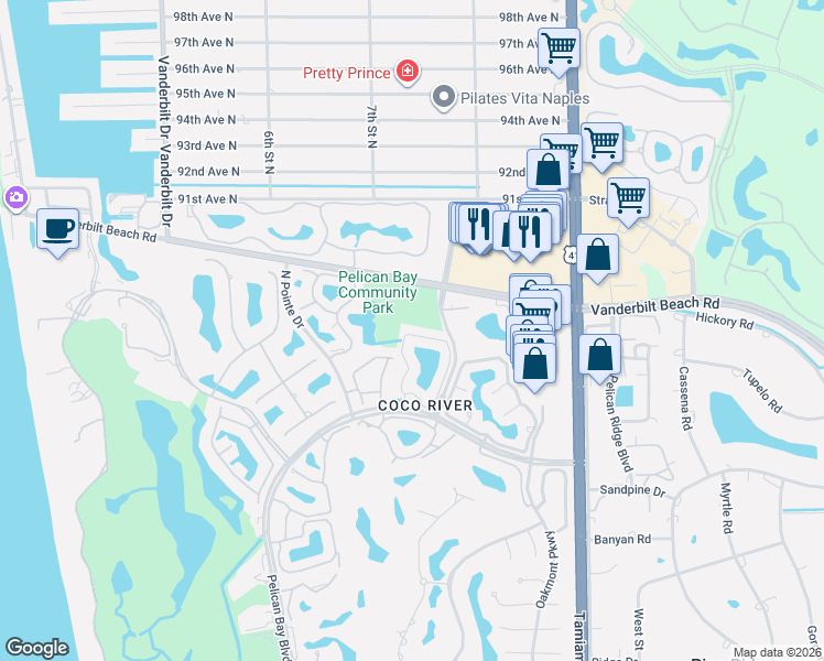map of restaurants, bars, coffee shops, grocery stores, and more near 8390 Excalibur Circle in Naples