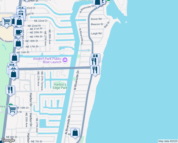 map of restaurants, bars, coffee shops, grocery stores, and more near 1313 North Ocean Boulevard in Pompano Beach