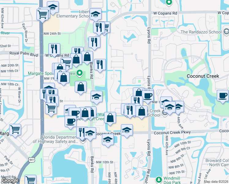 map of restaurants, bars, coffee shops, grocery stores, and more near 1700 Hammock Boulevard in Coconut Creek