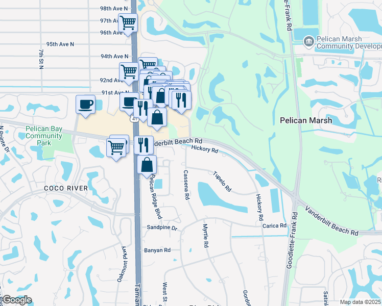 map of restaurants, bars, coffee shops, grocery stores, and more near 100 Hickory Road in Naples