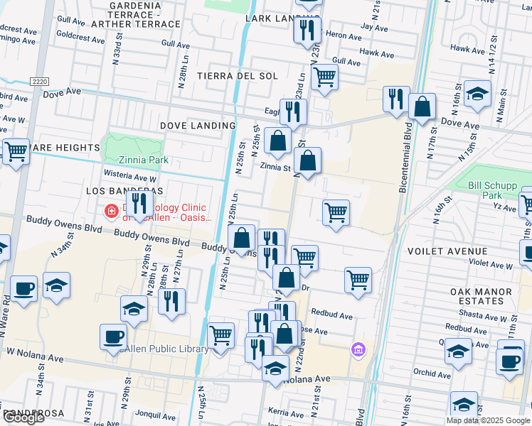 map of restaurants, bars, coffee shops, grocery stores, and more near 2321 Wisteria Avenue in McAllen
