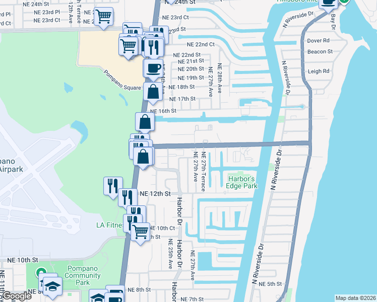 map of restaurants, bars, coffee shops, grocery stores, and more near 2600 Northeast 14th Street in Pompano Beach