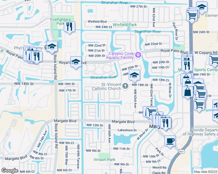 map of restaurants, bars, coffee shops, grocery stores, and more near 1795 Northwest 66th Avenue in Margate