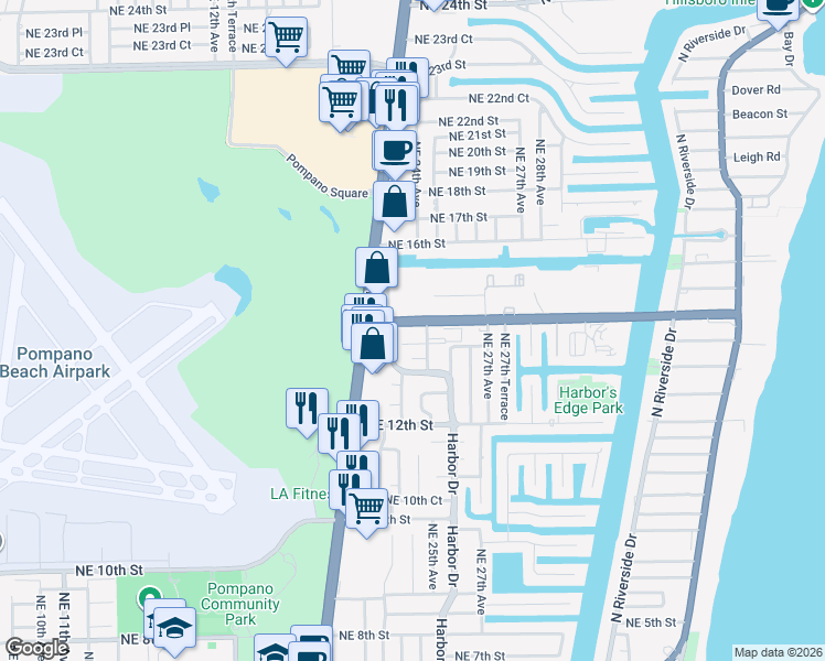 map of restaurants, bars, coffee shops, grocery stores, and more near 61 Northeast 25th Avenue in Pompano Beach