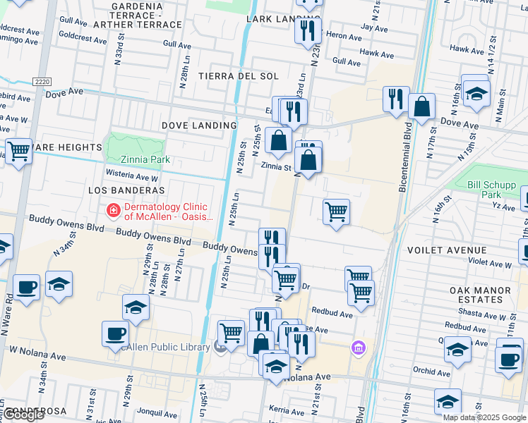 map of restaurants, bars, coffee shops, grocery stores, and more near 2321 Wisteria Avenue in McAllen