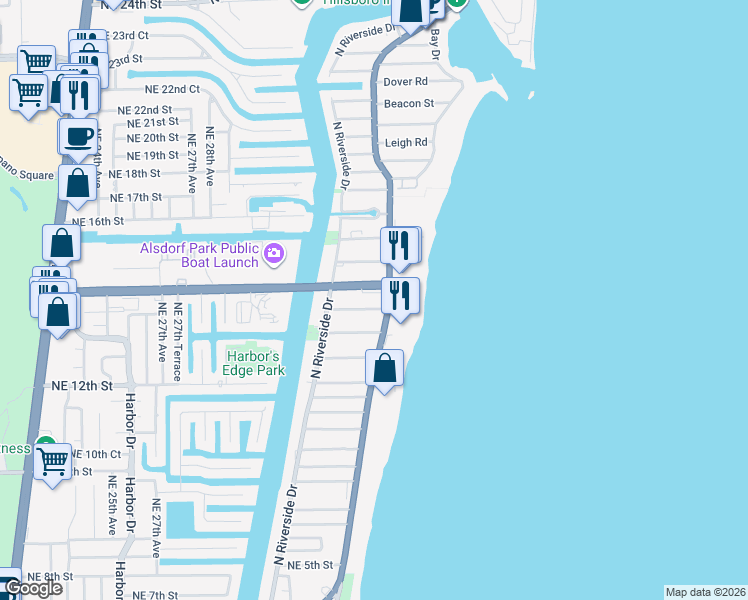 map of restaurants, bars, coffee shops, grocery stores, and more near 3257 Northeast 13th Street in Pompano Beach