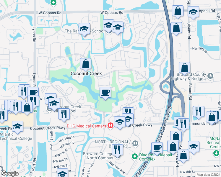 map of restaurants, bars, coffee shops, grocery stores, and more near 3303 Aruba Way in Coconut Creek