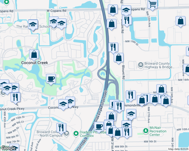map of restaurants, bars, coffee shops, grocery stores, and more near 1601 Abaco Drive in Coconut Creek