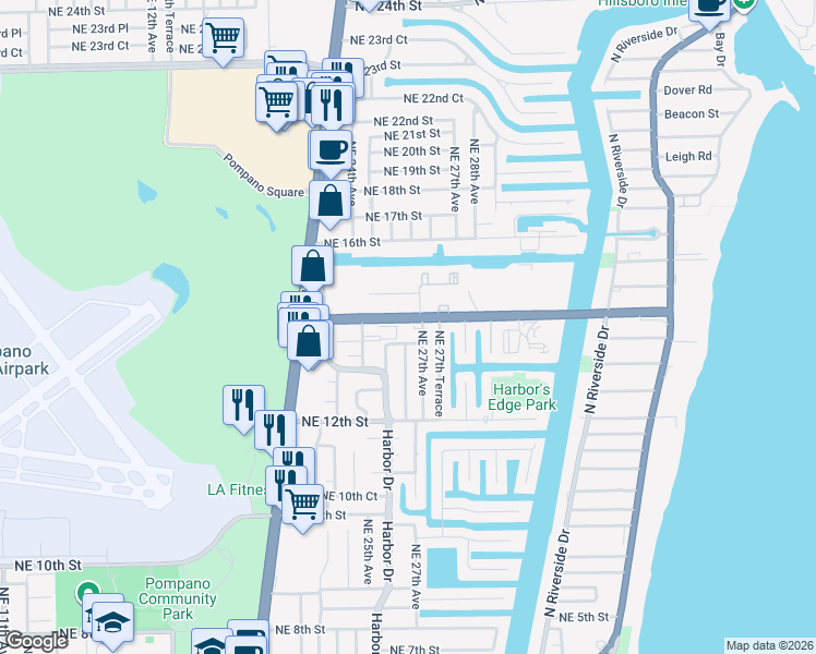 map of restaurants, bars, coffee shops, grocery stores, and more near 2600 Northeast 14th Street in Pompano Beach