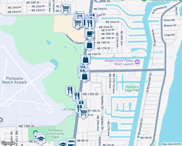 map of restaurants, bars, coffee shops, grocery stores, and more near 1440 North Federal Highway in Pompano Beach