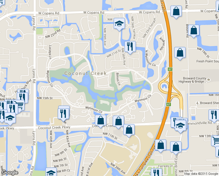 map of restaurants, bars, coffee shops, grocery stores, and more near 3303 Aruba Way in Coconut Creek