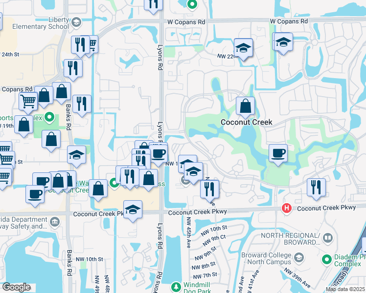 map of restaurants, bars, coffee shops, grocery stores, and more near 2504 Antigua Terrace in Coconut Creek