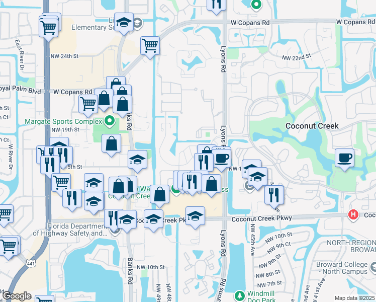 map of restaurants, bars, coffee shops, grocery stores, and more near 4731 Satinwood Trail in Coconut Creek