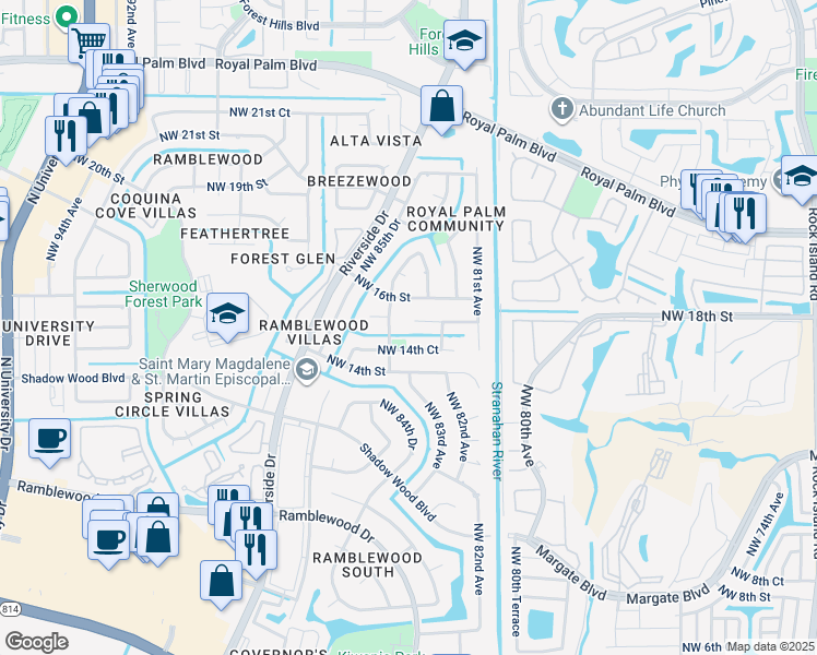 map of restaurants, bars, coffee shops, grocery stores, and more near 1555 Northwest 84th Drive in Coral Springs