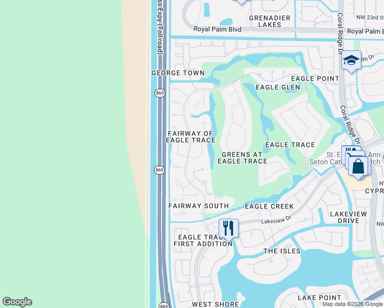 map of restaurants, bars, coffee shops, grocery stores, and more near 1716 Eagle Trace Boulevard West in Coral Springs