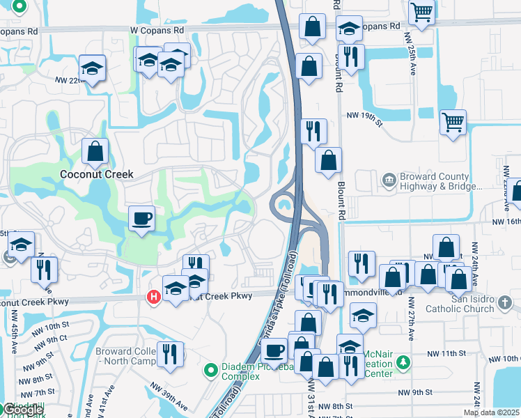 map of restaurants, bars, coffee shops, grocery stores, and more near 1601 Abaco Drive in Coconut Creek